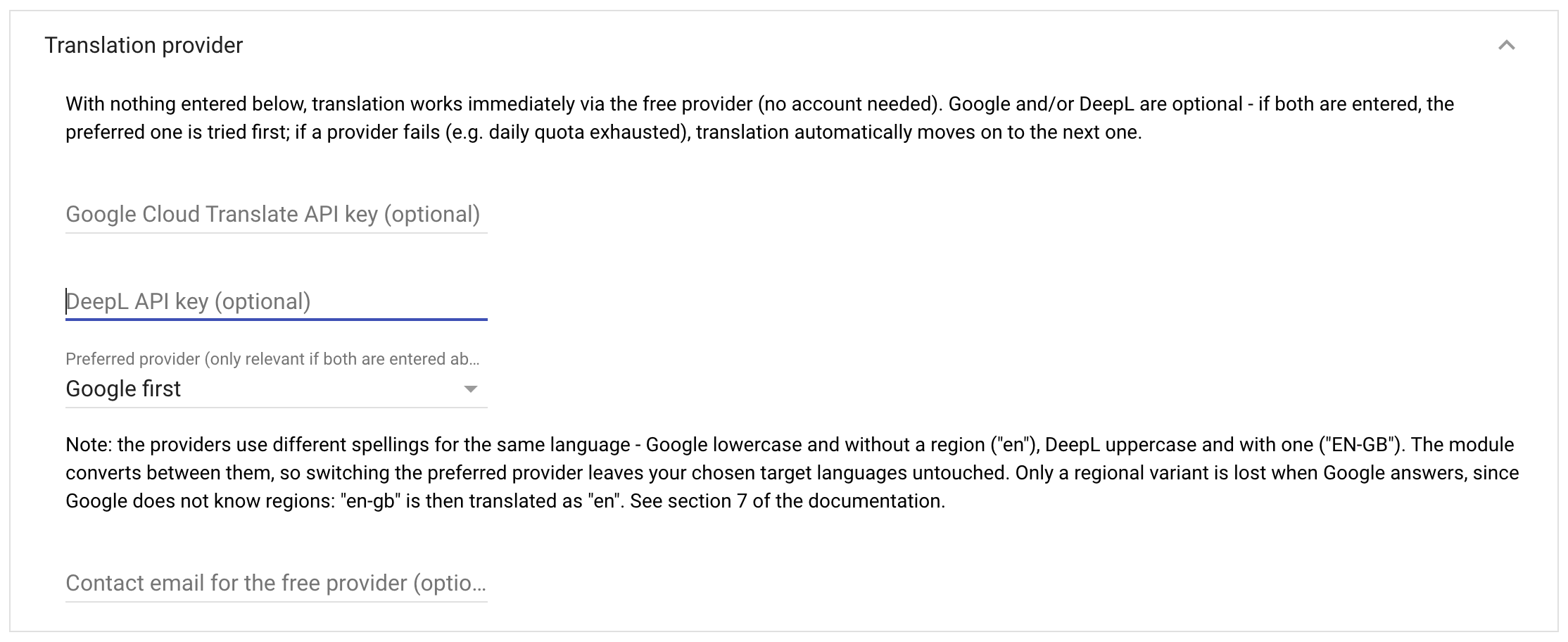 Der Bereich "Übersetzungsanbieter": Google- und/oder DeepL-API-Schlüssel hinterlegen, bevorzugten Anbieter wählen - ganz ohne Eingabe übersetzt der kostenfreie Anbieter sofort los.