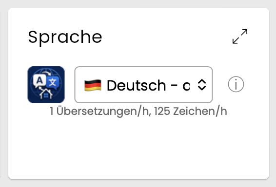 Die eingebaute Standard-Kachel mit allen Optionen aktiviert: Icon, Sprachwahl-Dropdown, Info-Symbol und Statistikzeile.